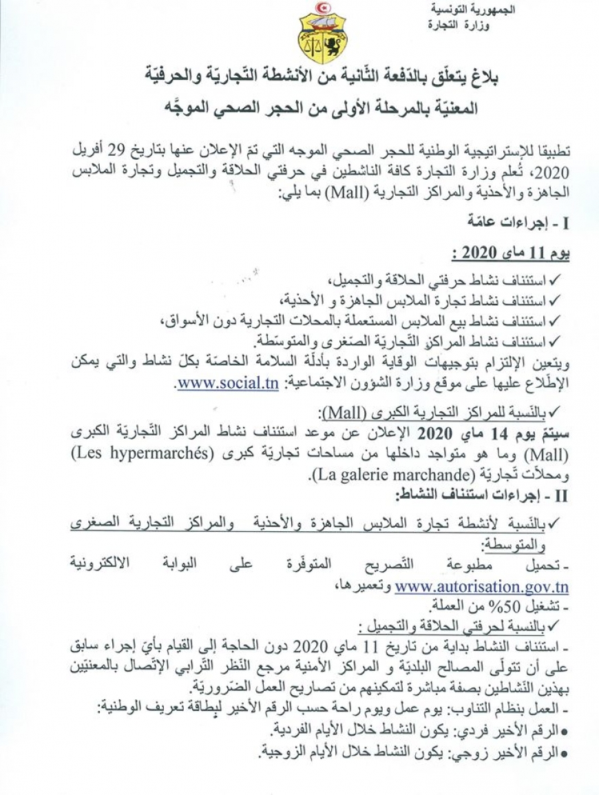 الدفعة الثانية من الأنشطة التجارية والحرفية المعنية بالمرحلة الأولى من الحجر الصحي الموجّه